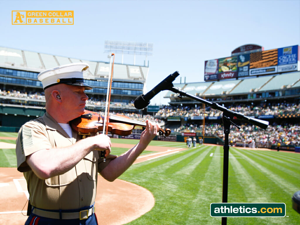 Peter performs the National Anthem at an Oakland A's baseball game