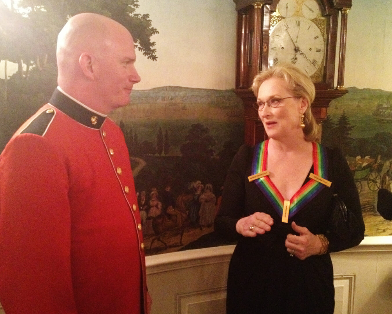 Peter Wilson talks with actress Meryl Streep at the Kennedy Center Honors reception at the White House